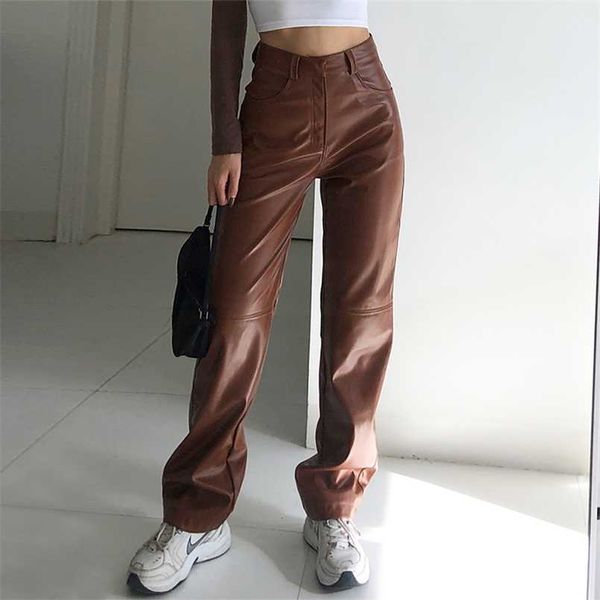 Alto cintura Calças de couro PU Calças Mulheres Jogger Casual Moda Lateral Bolsos Láguas Largamente Pants Loose Vintage Calças Marrom Vintage 211105