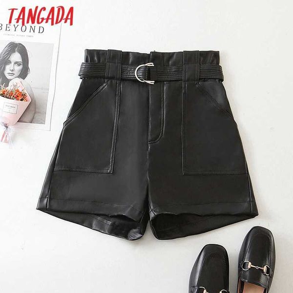 

tangada autumn winter women black faux leather shorts with belt strethy waist pockets female retro casual shorts hy249 210609, White;black