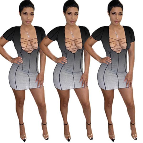 

women line gradient color dresses fashion trend short sleeve high waist skinny skirts designer summer female casual v-neck bandage slim dres, Black;gray