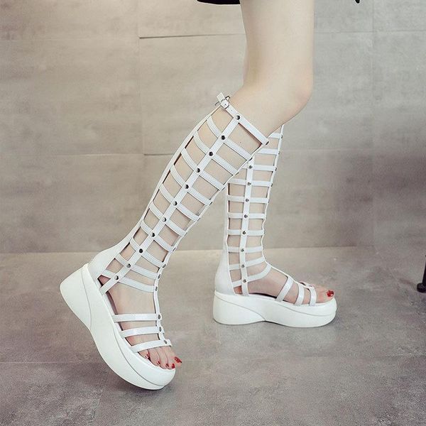 

boots classic open-toed roman sandals women hollow thick-soled high-tube shoes waterproof platform wild thin, Black