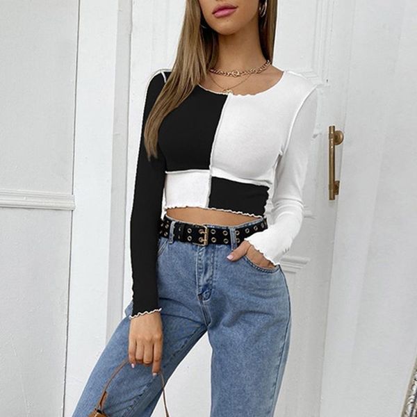 

women's t-shirt colorblock rib knit slim fit long sleeve crop, White