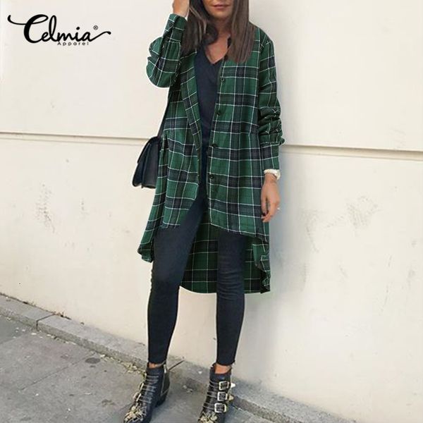 

wool 5xl women checkered coats celmia 2021 fashion thin long sleeve casual trench irregular hem coat loose windbreaker plus size, Black