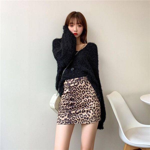 

skirts 2021 spring and summer high waist wild a-line skirt was thin short leopard print, Black