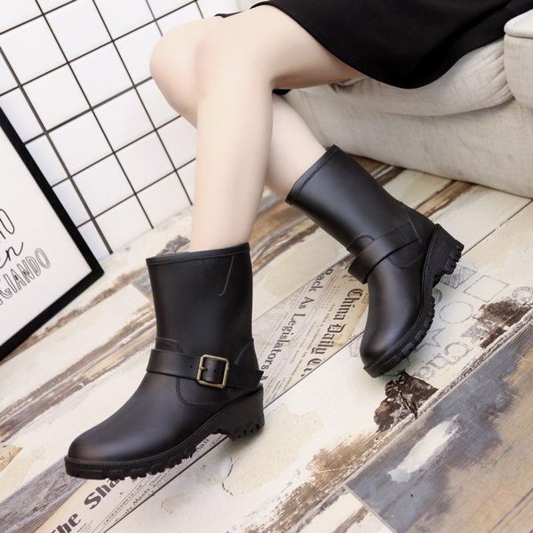 

boots women brand design rain boot shoes woman solid rubber waterproof flats fashion 2021, Black