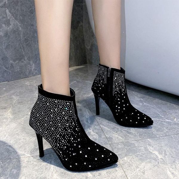 

boots thin heels shoe female autumn chaussure femme women zip stilettos ankle pointed toe crystal fashion elegant ladies, Black