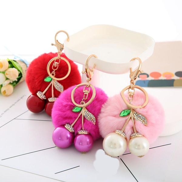 

keychains big pearl cherry keychain super cute exquisite buckle pendant key chains sweet rhinestone ring jewelry for women, Silver
