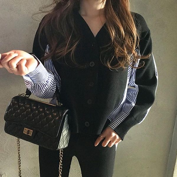 

women's sweaters knitted sweater women 2021 korean fashion fake two piece striped patchwork knitwear female ladies blouse shirts -4xl, White;black
