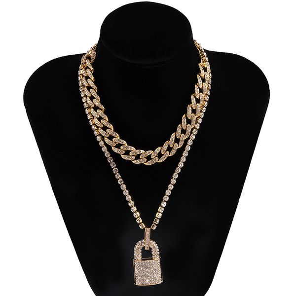 

light luxury full diamond-studded lock pendant necklaces fashion exaggerated retro personality multi-layer hip-hop punk style cuban clavicle, Silver