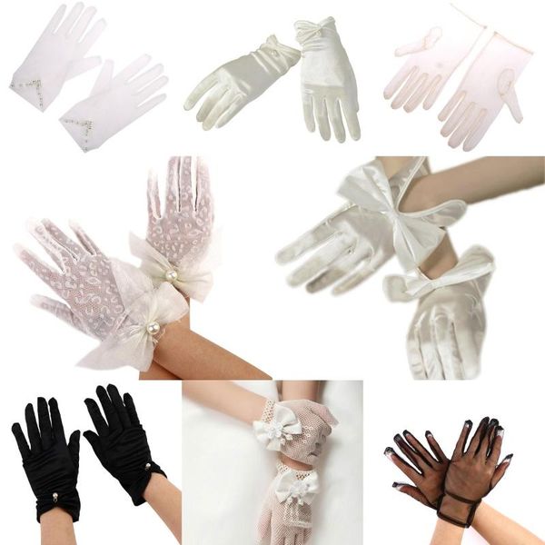 

five fingers gloves 1pair wedding mesh bowknot party children birthday ceremony celebration accessories girl performance glove, Blue;gray