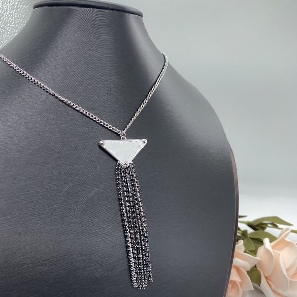 

2021 european and american classic triangle letter necklace black tassel enamel fashion all-match clavicle chain female fast delivery, Silver