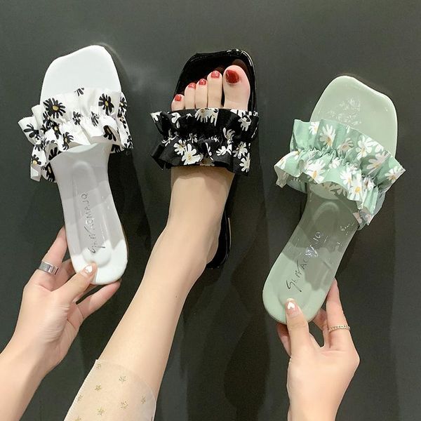 

slippers fashionable and exquisitely printed flat-bottomed comfortable square-toe ladies summer ruffled beach shoes, Black