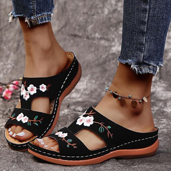 

slippers women fashion embroider soft summer open toe flock comfort beach shoes mujer 2021 outdoor thick bottom, Black