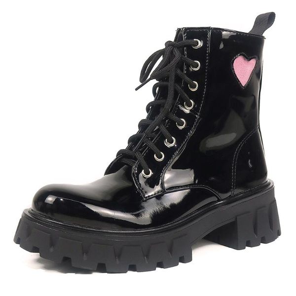 

boots gigifox brand fashion gothic sweet lovely cute heart great quality lace up chunky heels platform ankle woman shoes, Black