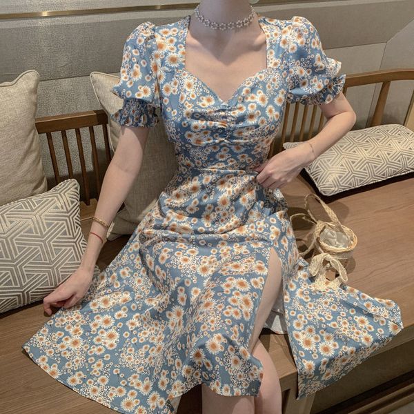 

dresses french style sleeve chiffon split oversize print women summer clothes lhol, Black;gray