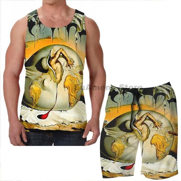 

men's tracksuits summer print men tank women enfante geopolitique observante salvador dali painting beach shorts sets fitness vest, Gray