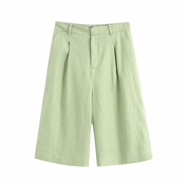

women's pants & capris 2021 women casual beach style za green cotton linen knee summer elegant lady high waist straight loose half trou, Black;white