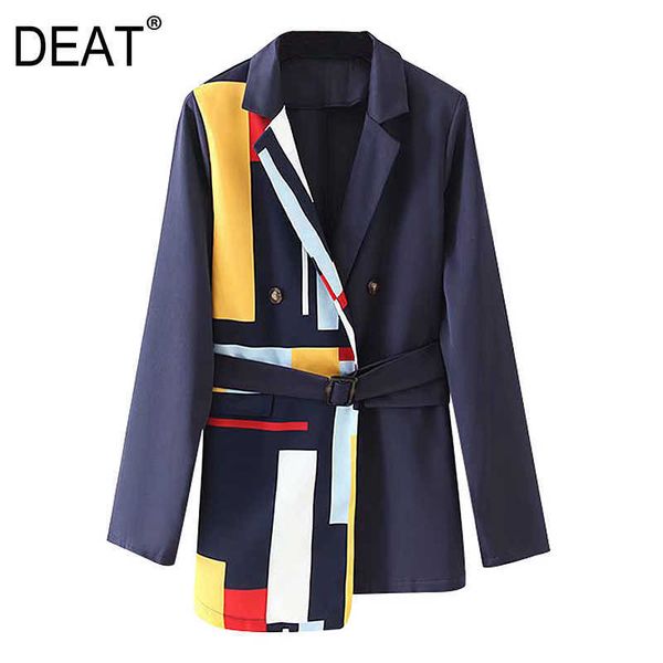 

[deat] spring autumn lapel long sleeve asymmetrical print adjustable waist high street blazker women suit coat 3aj83209l 210527, White;black