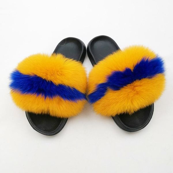 

slippers summer luxury real fur indoor women mixed color fluffy plush sandals slides casual flat outdoor furry flip flop, Black