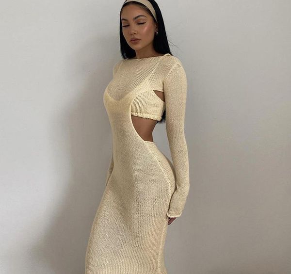 

casual dresses women close-fitting two-piece woolen clothes set apricot solid color backless hollow out long sleeves dress and camisole, Black;gray