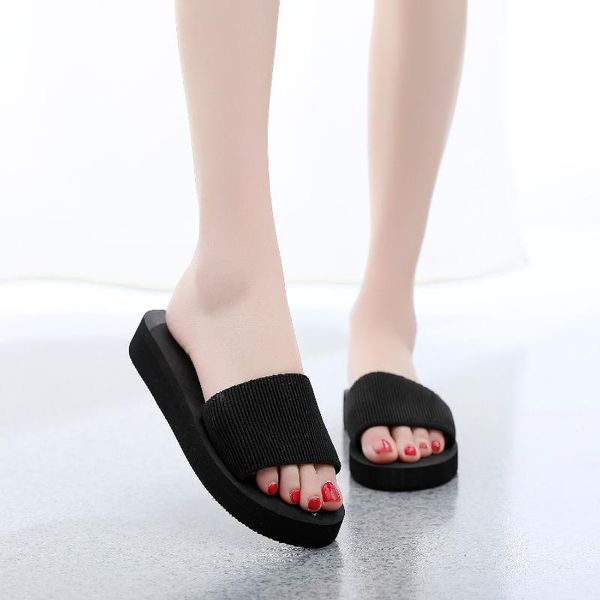 

slippers 2021 one-word sandals, sponge cake wedges, ladies thick-soled beach shoes, casual slippers, summer, Black