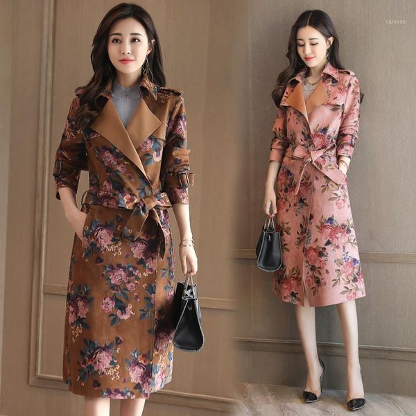 

women's trench coats women windbreak 2021 printing fashionable autumn spring casual coat long female wind breaker outerwear plus size, Tan;black