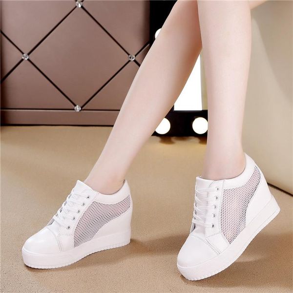 

dress shoes women wedge platform rubber brogue leather lace up high heel 7 cm pointed toe increasing creepers white silver sneakers, Black