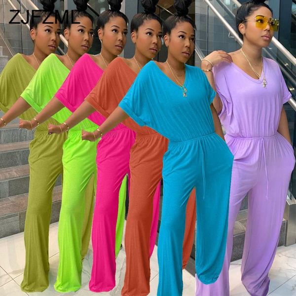 

women's jumpsuits & rompers neon green plus size women jumpsuit deep v neck short sleeve loose bodysuits casual elastic high waist one, Black;white