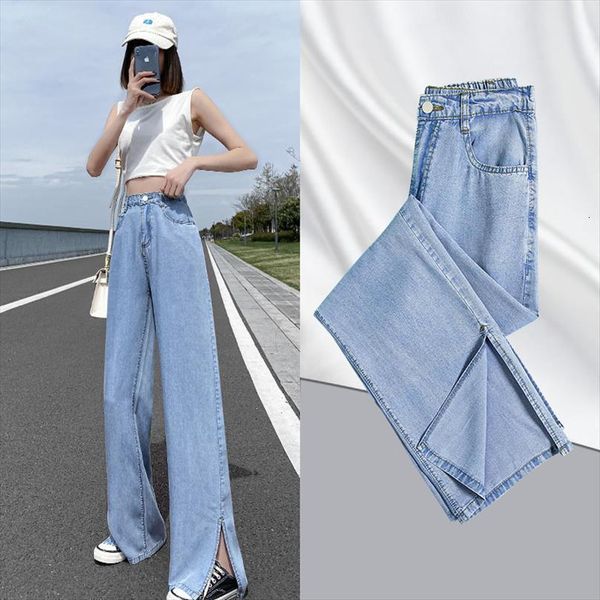 

loose straight leg ultra womens jeans thin high waist trousers wide pants retro ladies drape and mopping slit, Blue