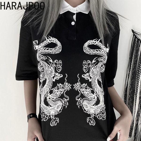 

harajpoo women t-shirt lapel dragon harajuku style summer student korean loose bf wind ins trend mid-length clothes women's, White