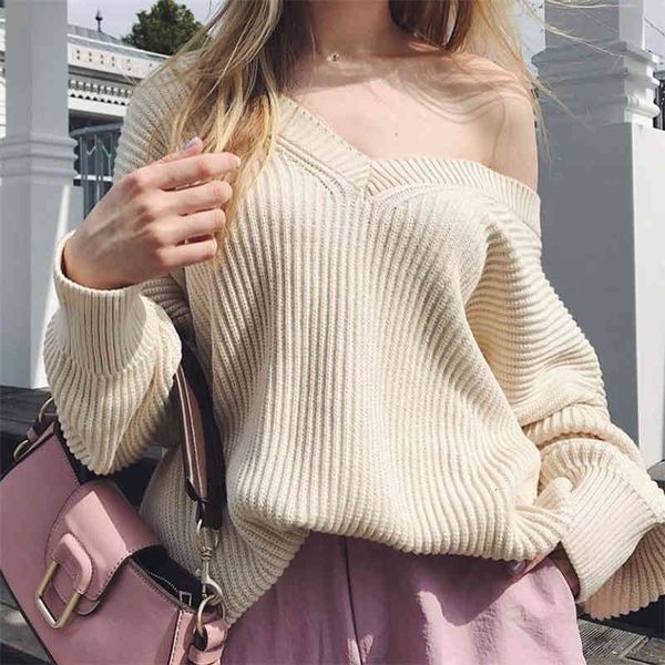 

elegant women v-neck sweater autumn fashion ladies oversize streetwear female loose knitted sweet girl chic 210427, White;black