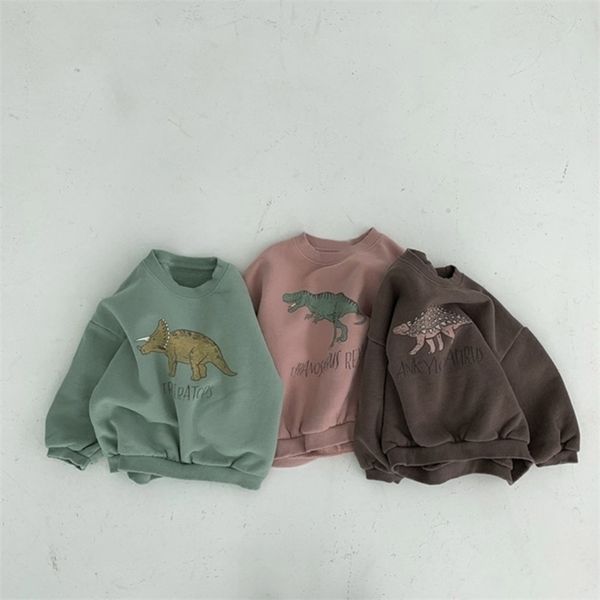 Frühling Herbst Baby Mädchen Jungen Pullover Hemd mit Fleece Warme Langarm Tops Kinder Kleidung Dinosaurier Druck Hoodies 211110