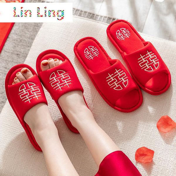

chinese style wedding house couples slippers lucky red embroidery cotton bedroom ladies flat shoes indoor lovers women slippers, Black