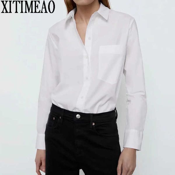 

za women fashion retro v-neck long sleeve elegant blouse clothing white basic lapel loose shirt xitimeao 210602