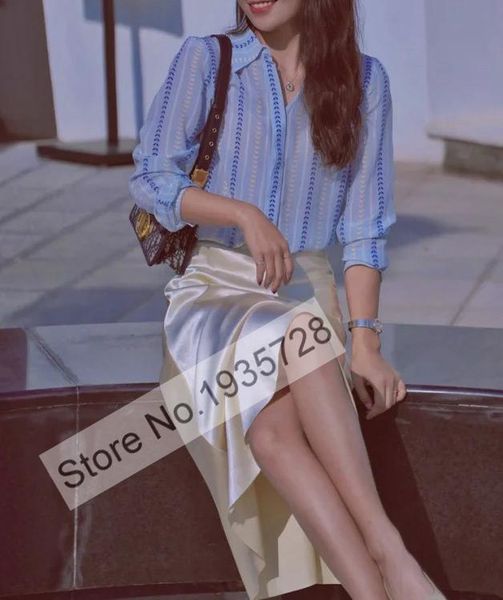 

women's blouses & shirts ladies 100% silk contrast printed long sleeve lapel blouse shirt top, White