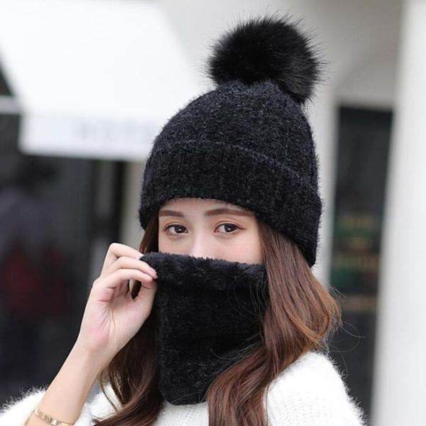 

beanie/skull caps brand winter hat women velvet thick warm skullies beanie hats lady chenille knit bib female riding sets 2 wool, Blue;gray