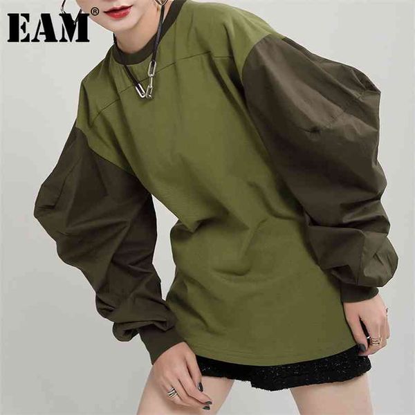 

[eam] loose fit contrast color sweatshirt round neck puff sleeve women big size fashion spring autumn 1dd2160 210813, Black