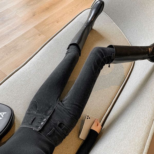 

high waist elastic thin plush thickened black tight little foot autumn pants, Blue