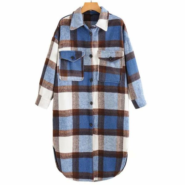 

women's wool & blends street fashion jacket woman loose casual plaid woolen single-breasted straight long-sleeved coat jackets for wome, Black