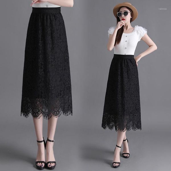 

skirts elastic high waist lace skirt womens spring autumn 2021 korean elegant casual a-line white black long female y764