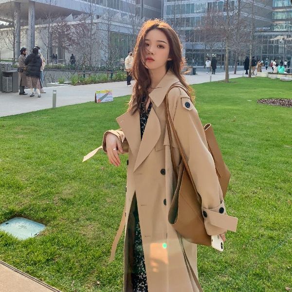 

women's trench coats trendy double-breasted long coat with belt st154, Tan;black