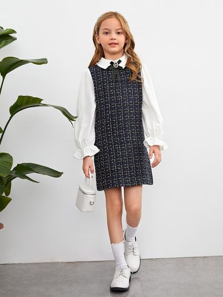 

girls 1pc plaid pattern tie neck flounce sleeve tweed dress she, Red;yellow