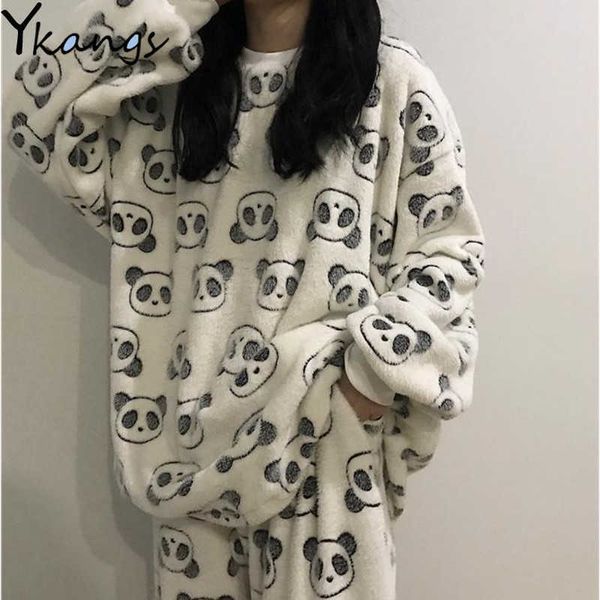 Inverno quente panda panda branco pijama mulheres outono preto pijama branco com calça fêmea flanela oversize homewear 2 pcs terno 210619