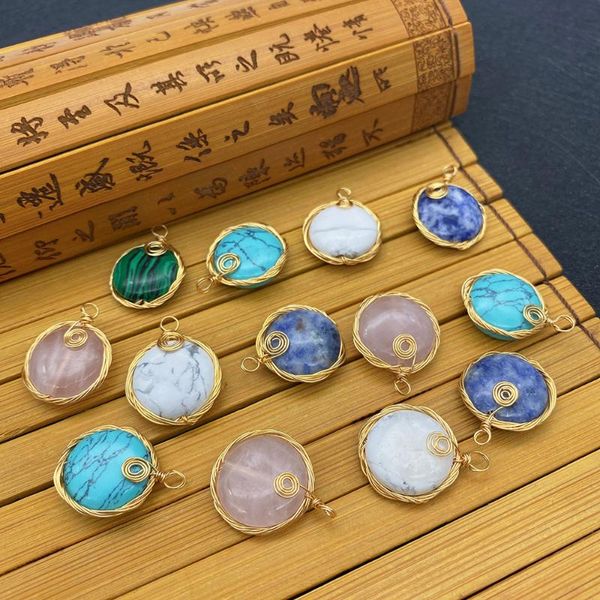 

charms 2 pieces of natural stone pendants multi-color oblate hand-wound edging malachite turquoise hand-made fashion jewelry earrings, Bronze;silver