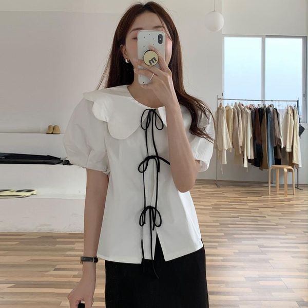 

women's blouses & shirts summer retro style doll collar tie puff sleeve shirt solid color wild loose blouse female, White
