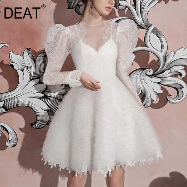 

[deat] summer fashion round neck high waist puff sleeve lace solid color loose elegant dress women 13q053 210527, Black;gray