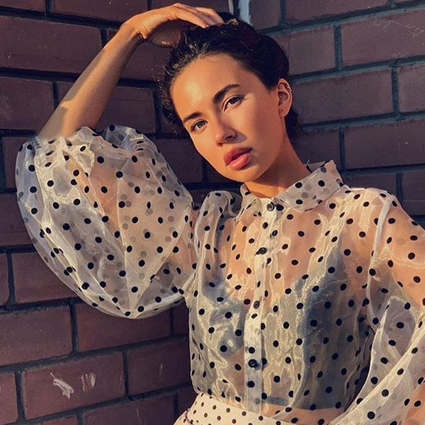 

fashion v neck polka dot womens blouses puff sleeve see through retro mesh loose button blouse high street office lady, White