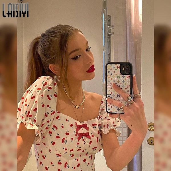 

square collar puff sleeve bow labeling sweet slim woman t shirts cherry printed casual fashion summer crop streetwear women's t-shirt, White
