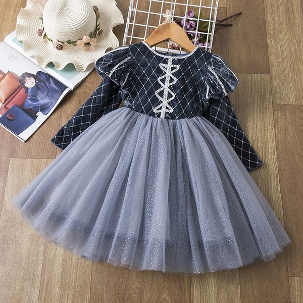 

2021 autumn winter new girls longsleeved dress princess dresses velvet retro style european american mesh tulle tutu dress, Red;yellow