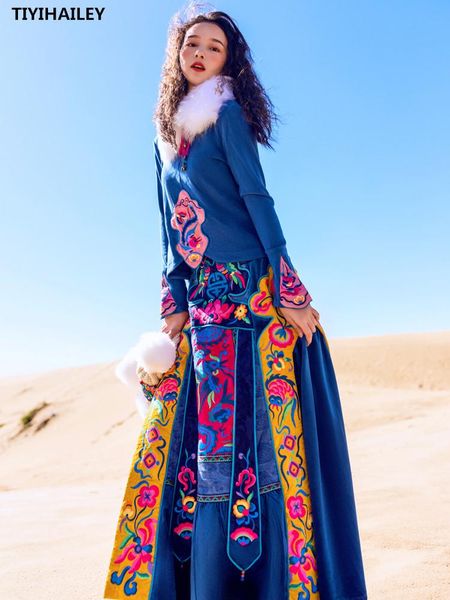 

autumn winter thick s-l long maxi embroidery elastic waist women national chinese style velvet skirts, Black