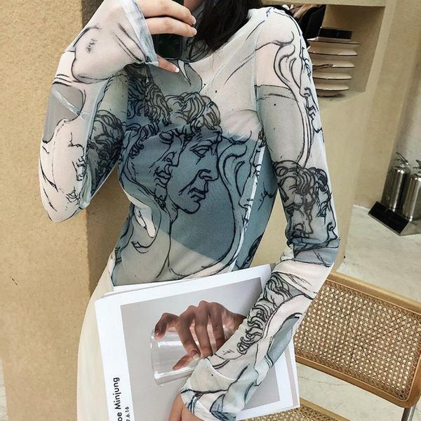 

women's t-shirt women mesh floral shirt long sleeve high neck vintage see-through white for casual party street skin-friendly and soft